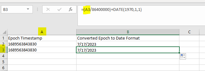 How to convert Vantage epoch timestamp in Excel